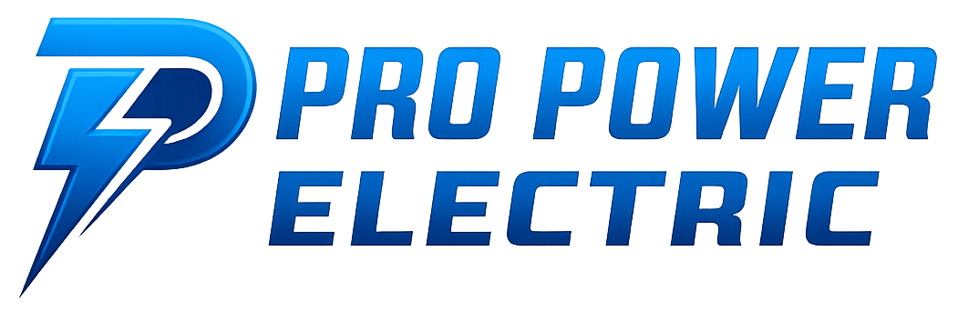 Logo for Pro Power Electric, with a blue "P" incorporating a lightning bolt and company name in blue.