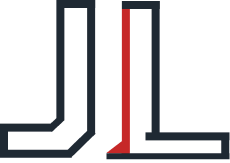 Two stylized block letter Ls, one outlined in navy and one in red and navy, on a white background
