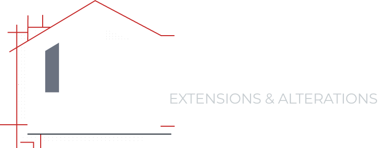 Red outline of a house roof with the words “EXTENSIONS & ALTERATIONS” on a white background
