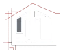 Simple floor-plan sketch with red roof outline, black walls, and a gray window or opening