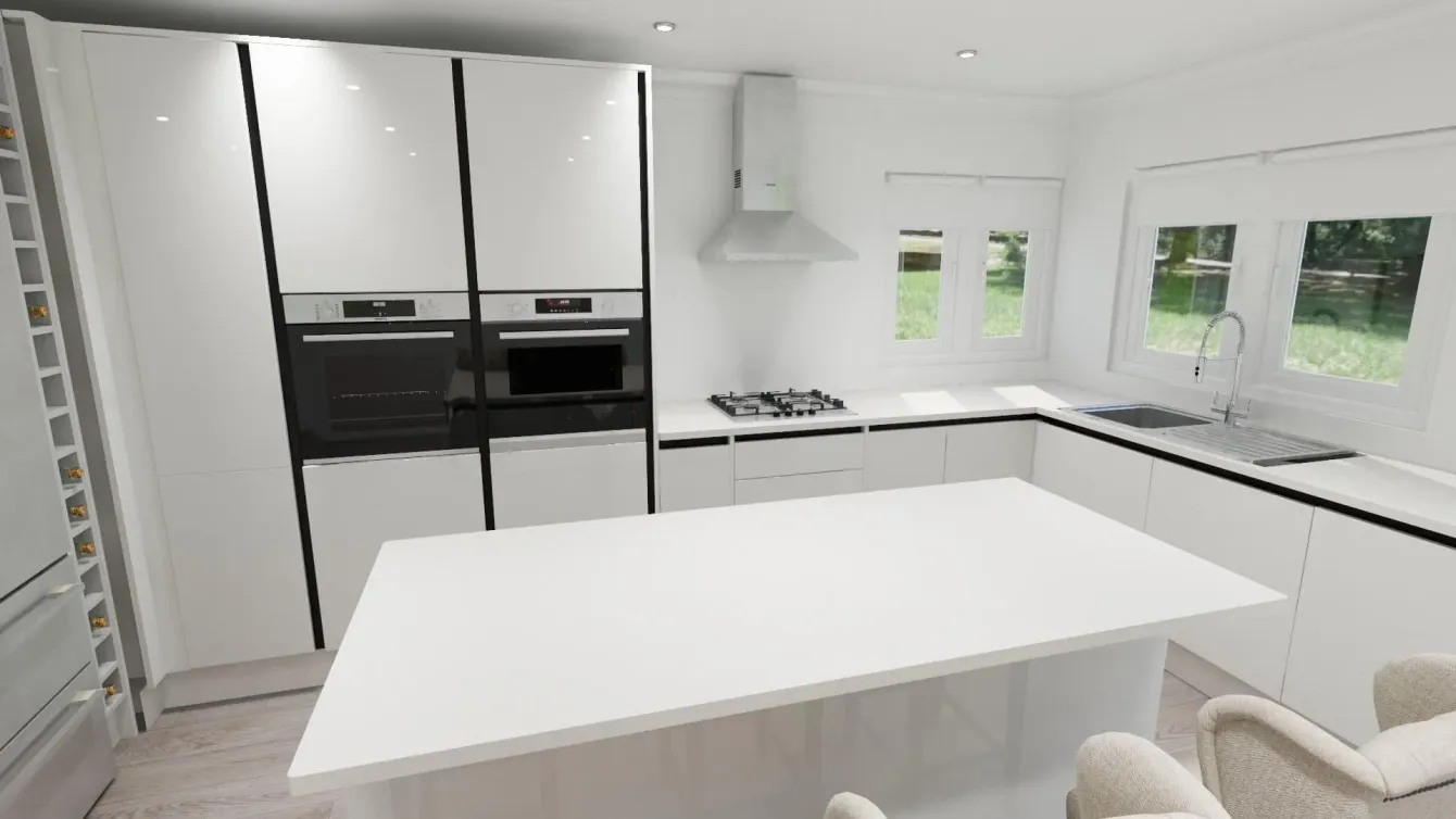 Bright modern white kitchen with island, built-in ovens, cooktop, and large windows.