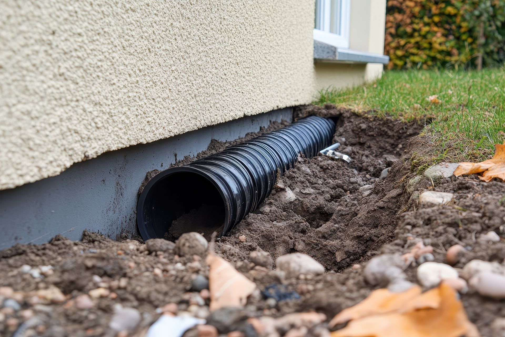 Exposed sewer pipe along a residential foundation during a sewer line replacement