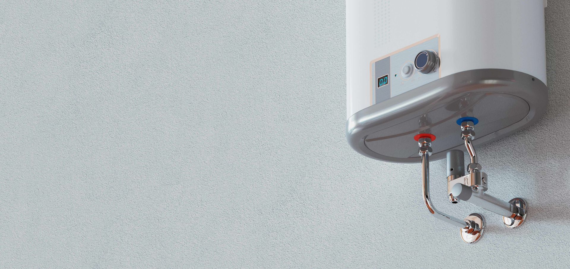 Wall-mounted water heater with exposed pipes against a light gray wall.