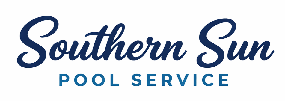 Logo for Southern Sun Pool Service featuring a rising sun, palm trees, and stylized blue water.