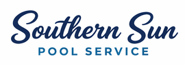 Logo for Southern Sun Pool Service featuring a rising sun, palm trees, and stylized blue water.