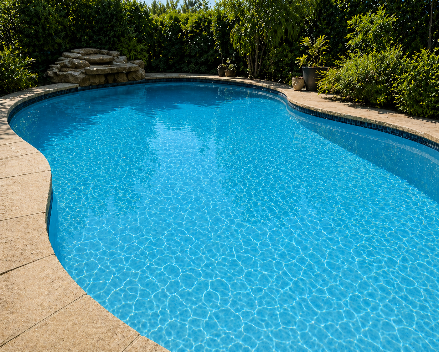 Backyard swimming pool with bright blue water, stone coping, and lush green bushes around it