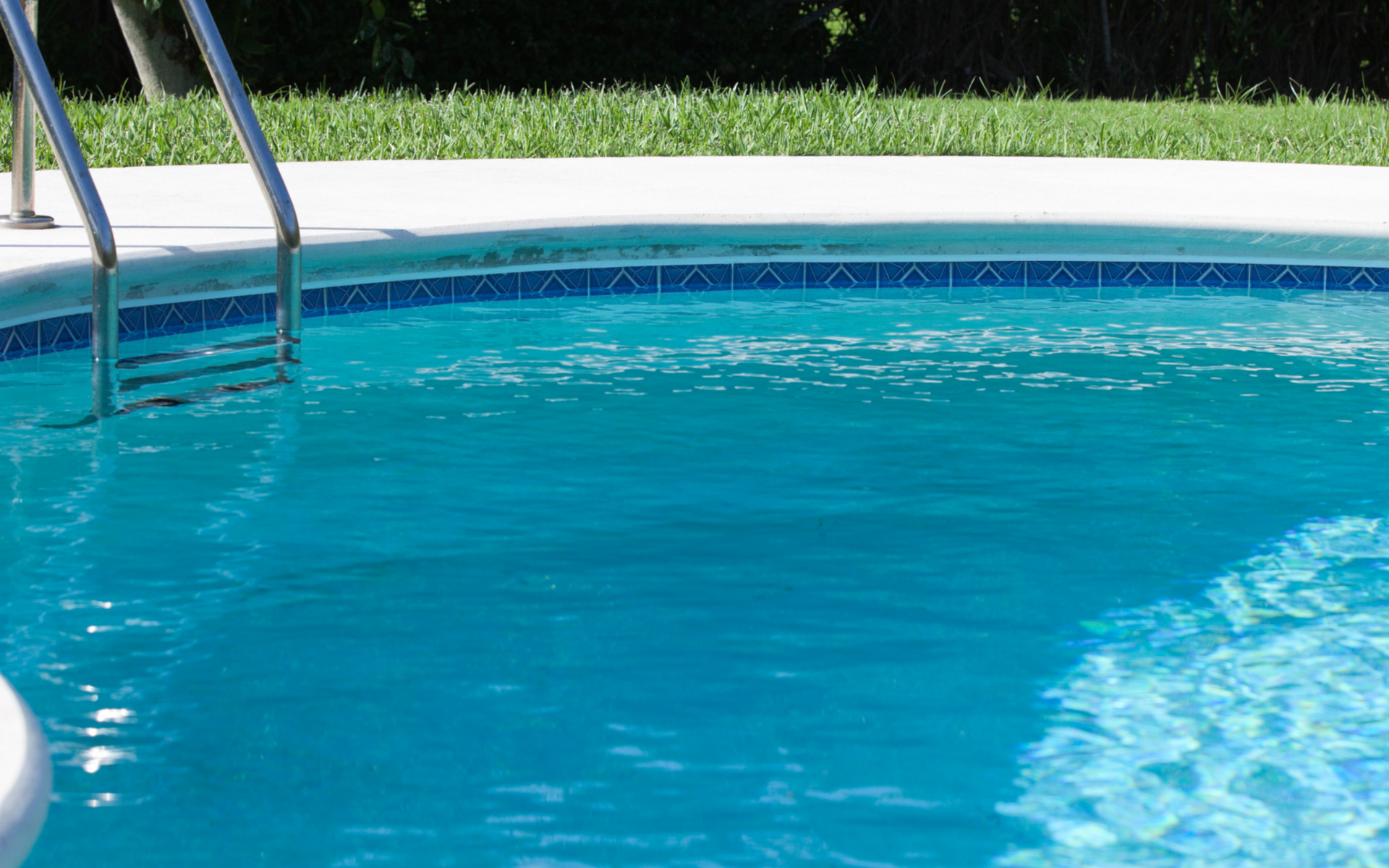 Blue swimming pool with metal ladder and rippling water under bright daylight