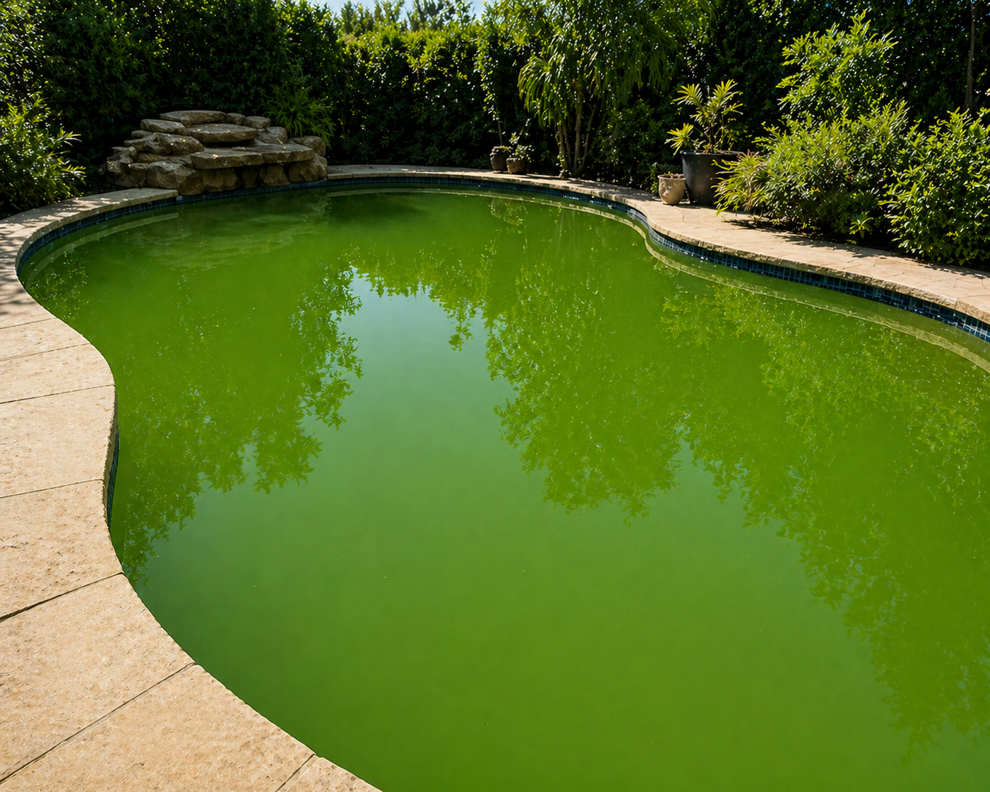 Green, algae-filled backyard swimming pool bordered by stone decking and lush shrubs