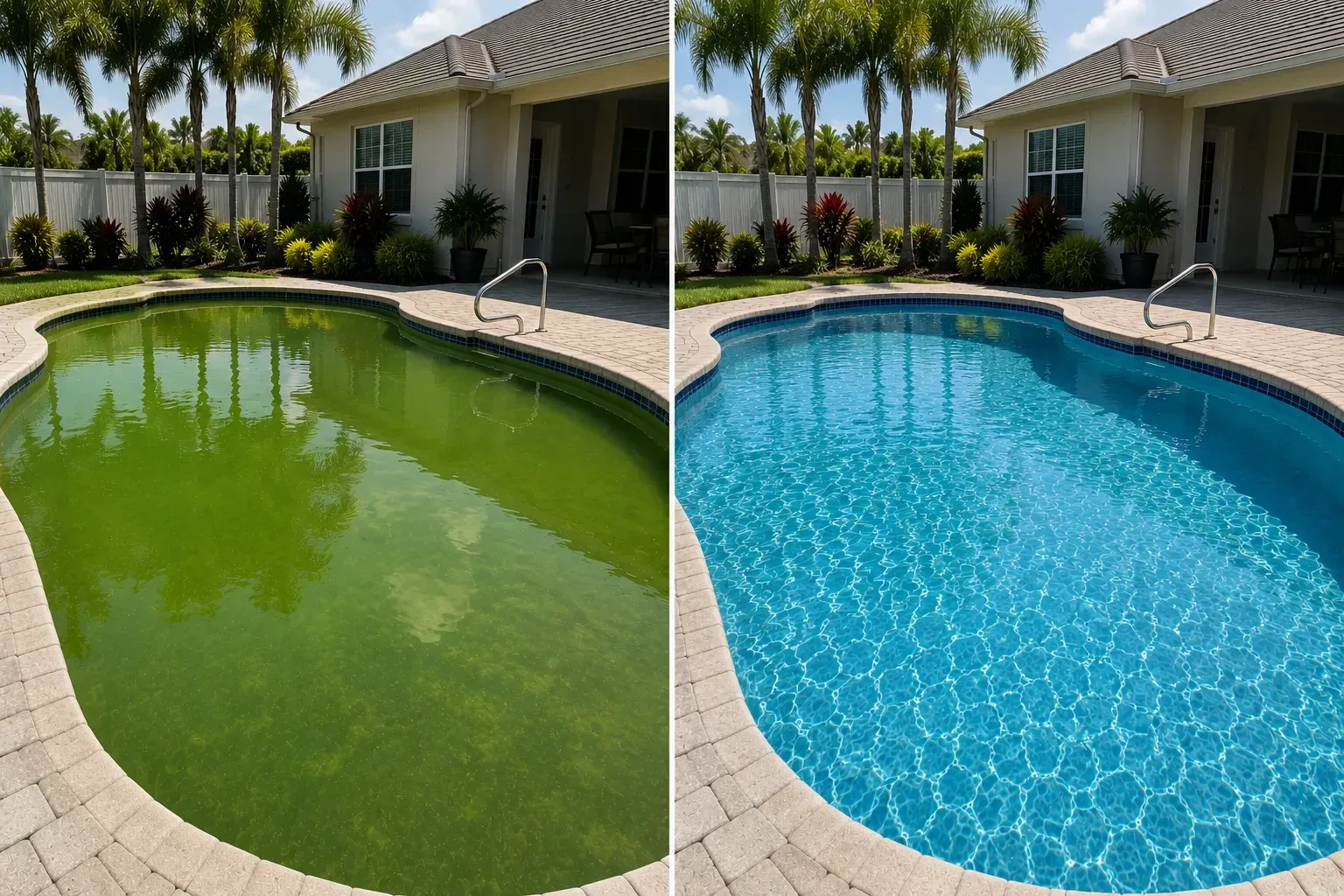 Split view of a backyard pool before and after cleaning, showing green water and clear blue water.