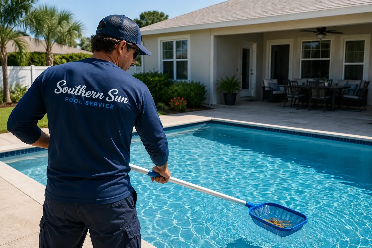 Pool cleaner skims a backyard pool with a blue net outside a home