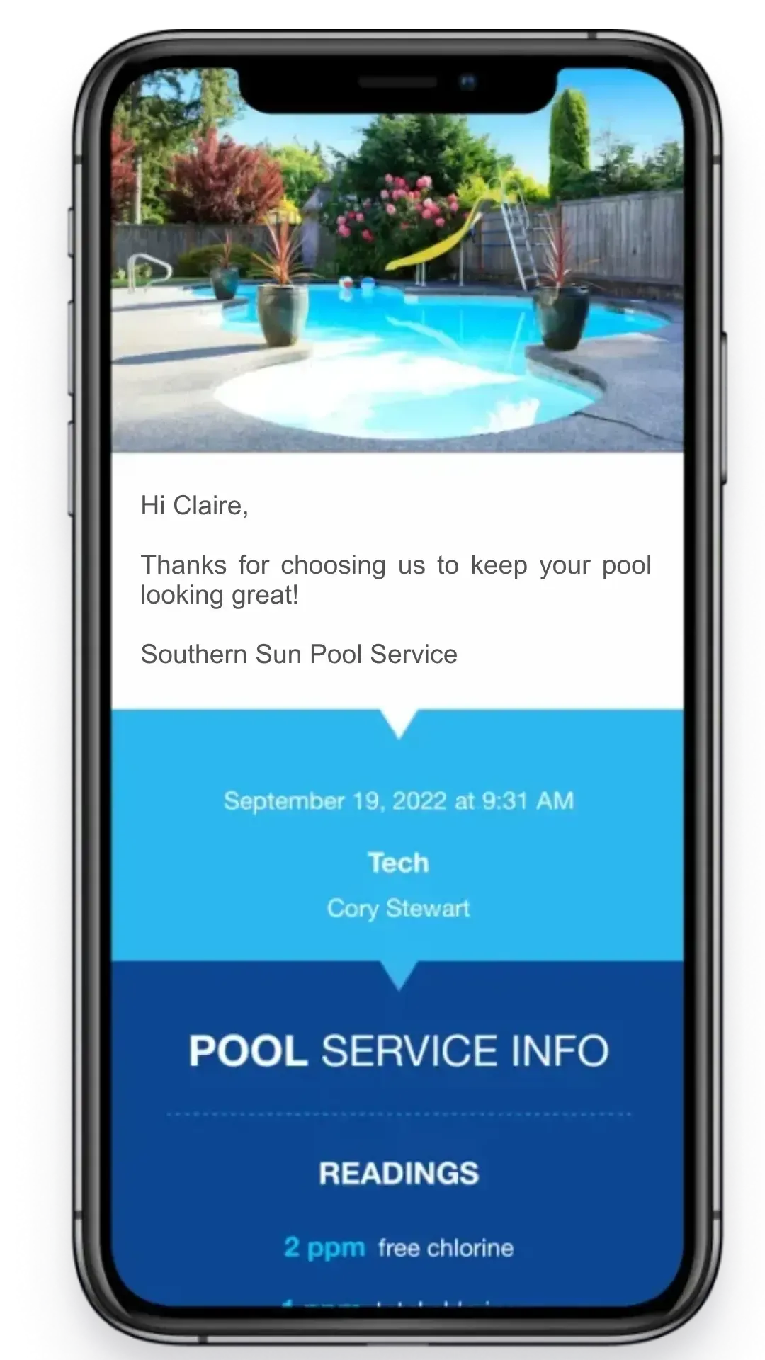 Email notification showing a completed pool service visit with time-stamped photo