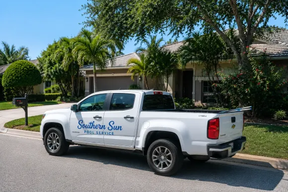 White pickup truck with “Southern Sun” logo parked in a sunny residential neighborhood.