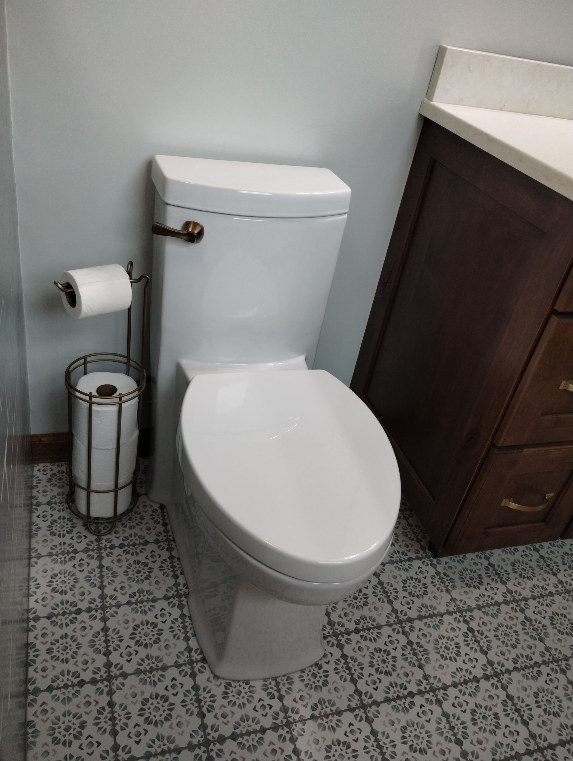 Small bathroom with a white toilet, toilet paper holder, and metal wastebasket beside a dark wood cabinet.