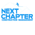 A blue and white logo for next chapter construction management