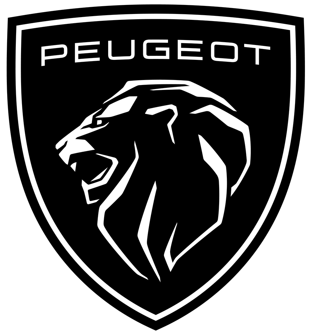 Logo Peugeot con una testa di leone stilizzata all'interno di uno scudo nero.