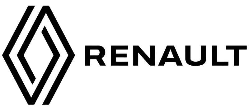 Logo Renault in testo nero con emblema a forma di diamante su sfondo bianco.