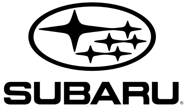 Logo Subaru in nero con emblema a stella stilizzato sopra la scritta "SUBARU"