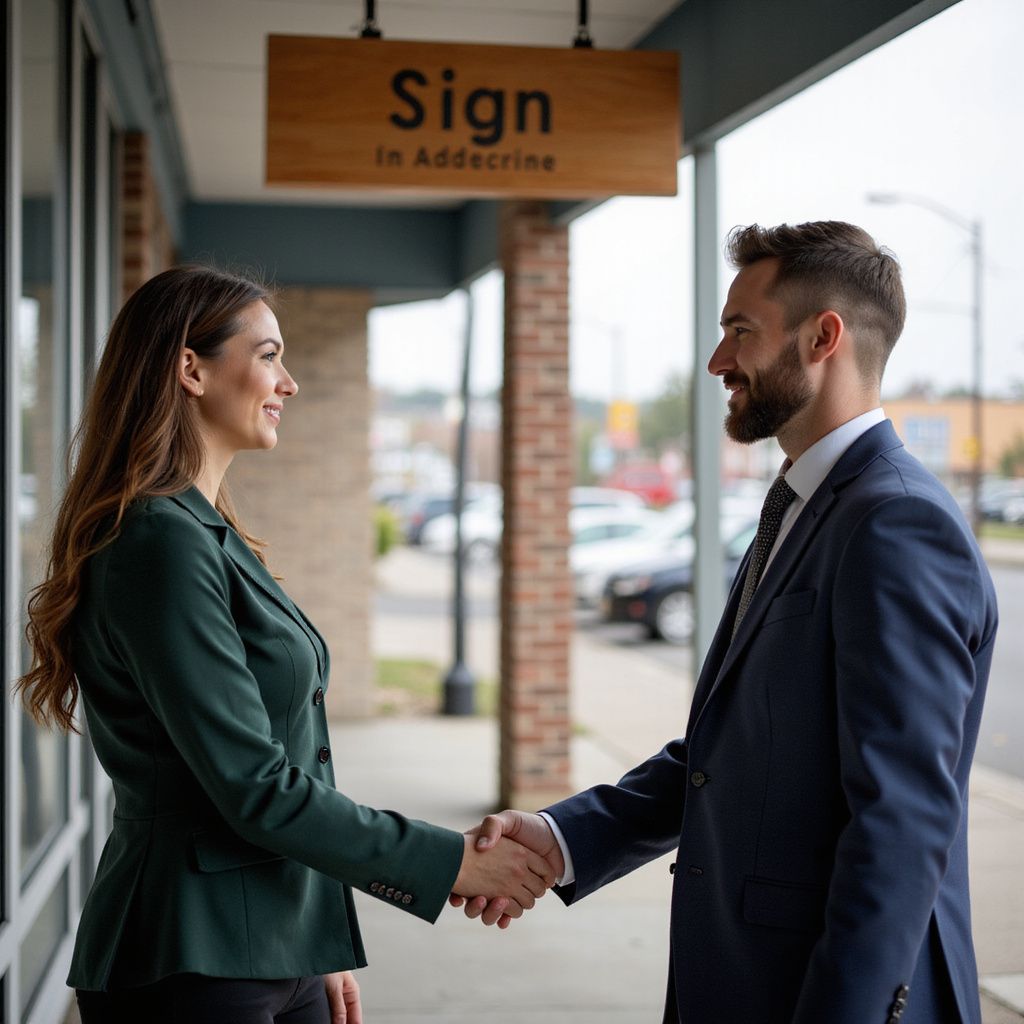 A man and woman shake hands under a sign that reads