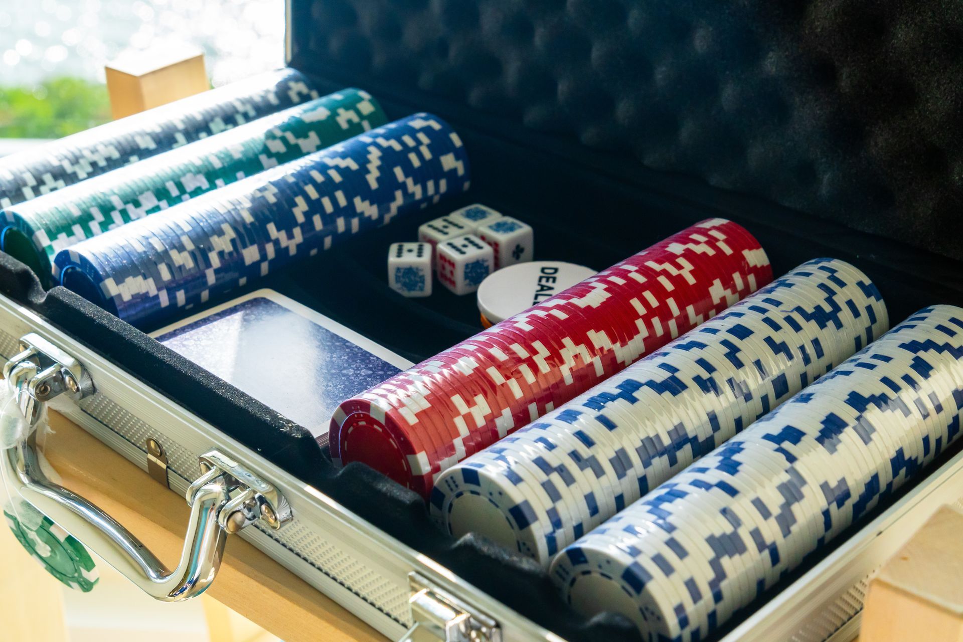 Casino chips in blue, white and red