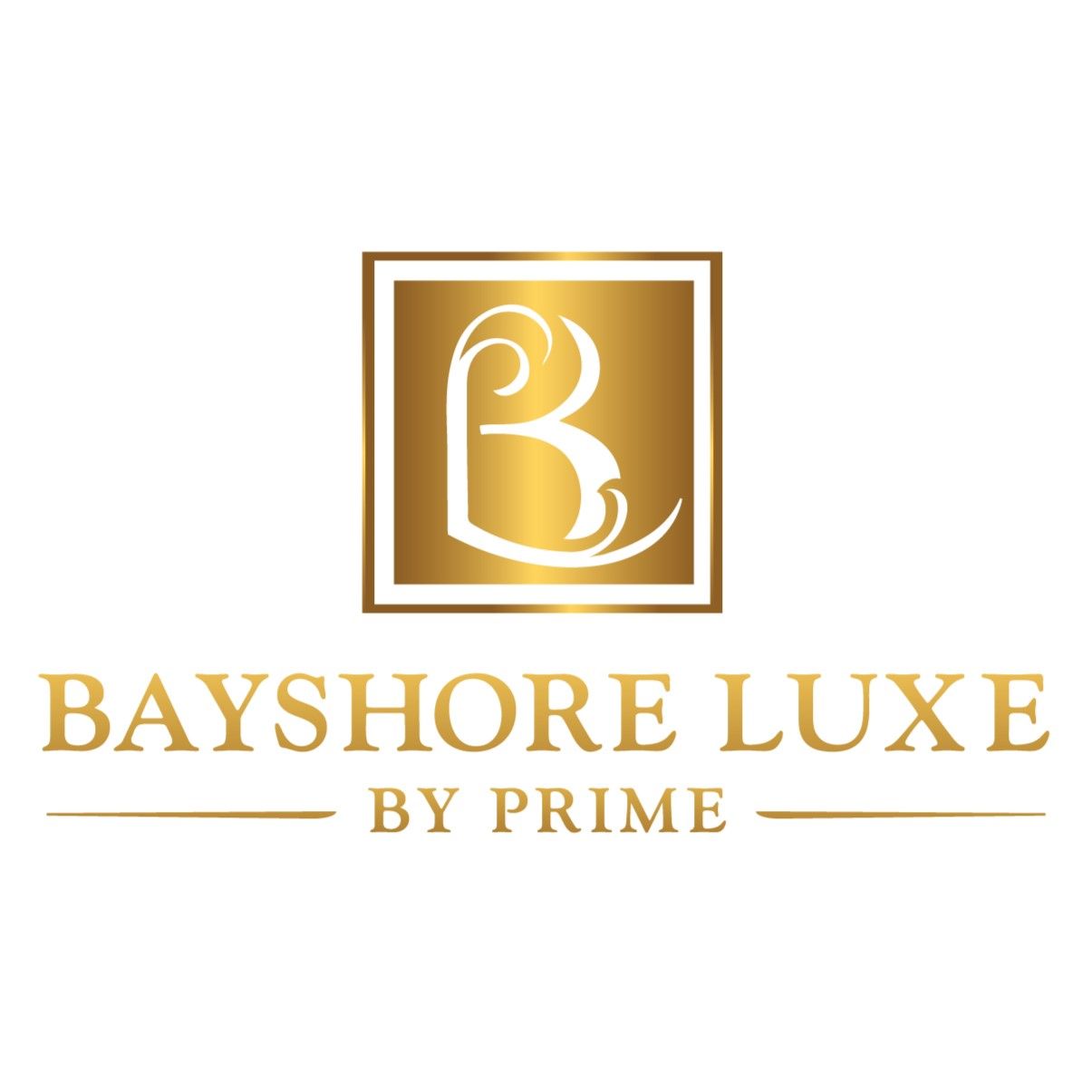The logo for bayshore luxe by prime has a gold letter b in a square.
