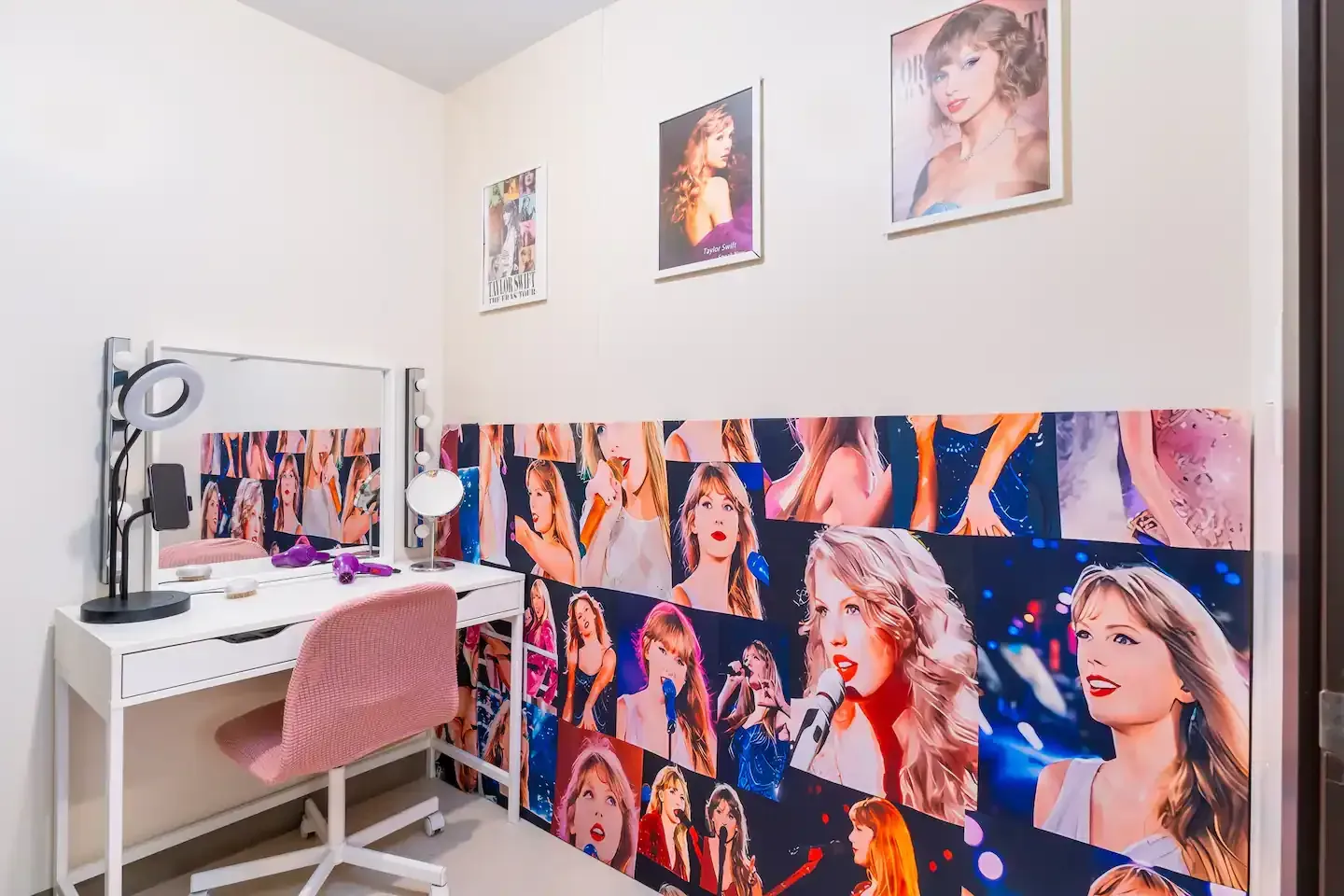 Dressing room, table and pink chair with a mural of Taylor Swift images at Bayshore Luxe by Prime, Manila