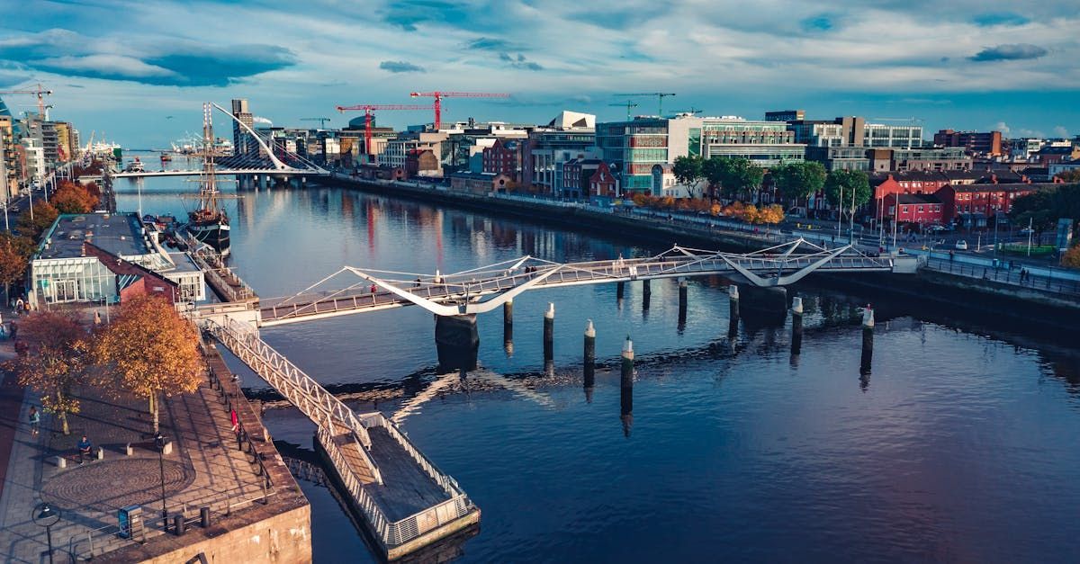 An aerial view of a bridge over a river in a city.