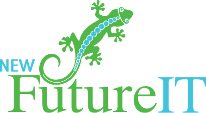 The logo for new future it has a lizard on it.