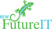 The logo for new future it has a lizard on it.