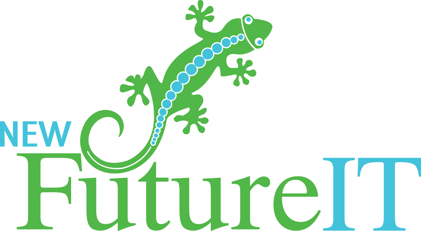 The logo for new future it has a lizard on it.