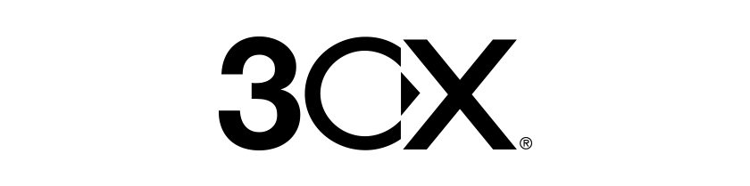 A black and white logo for a company called 3cx