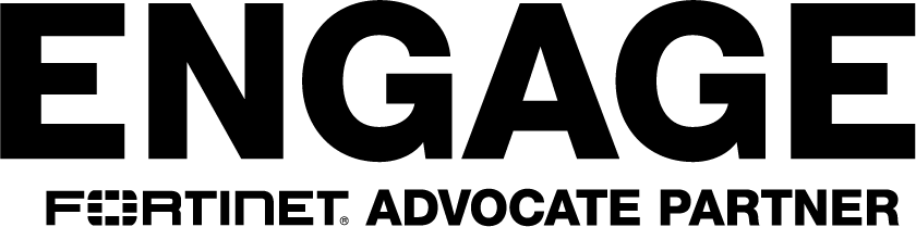 A black and white logo for engage fortinet advocate partner