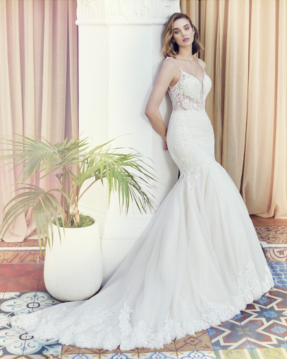 Woman in white wedding gown with long lace train stands in a light-filled room.