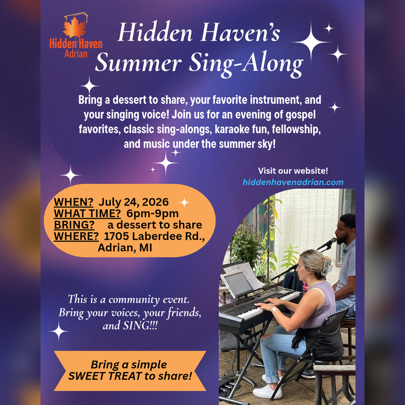 Poster for Hidden Haven’s Summer Sing-Along with live music, snacks, and bring-a-dish details in purple and orange.