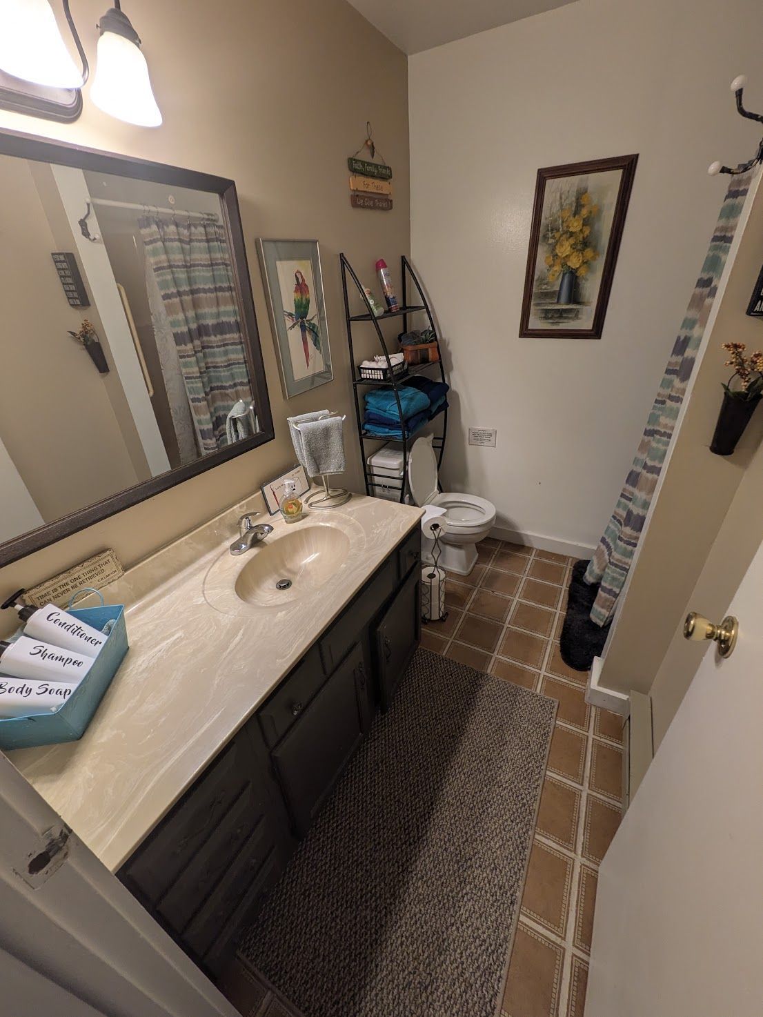 Narrow bathroom with vanity, sink, large mirror, patterned rug, and wall art on beige walls.