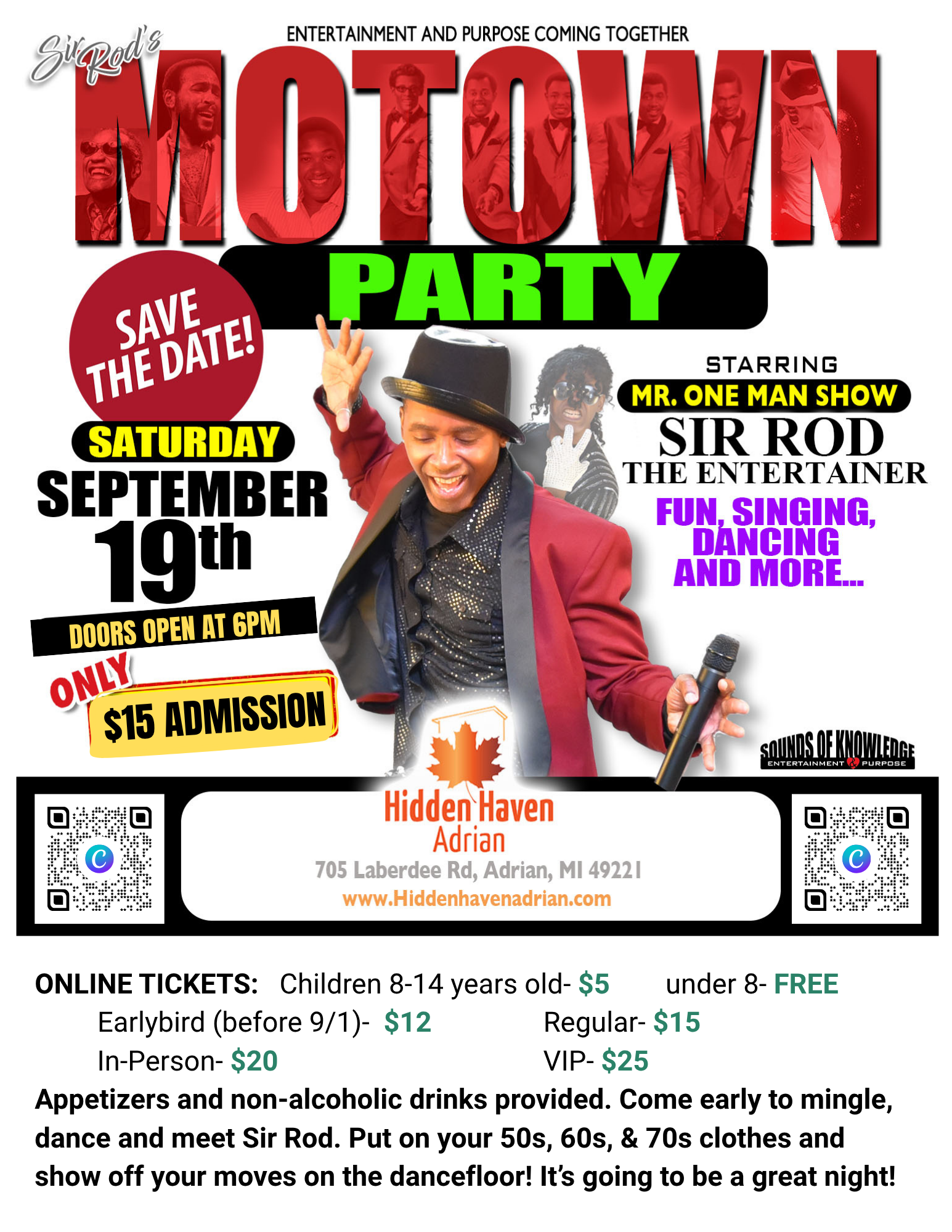 Promotional poster for Motown at Hidden Haven Adrian, with a hat silhouette and gloved hand, Sept. 19, 2026