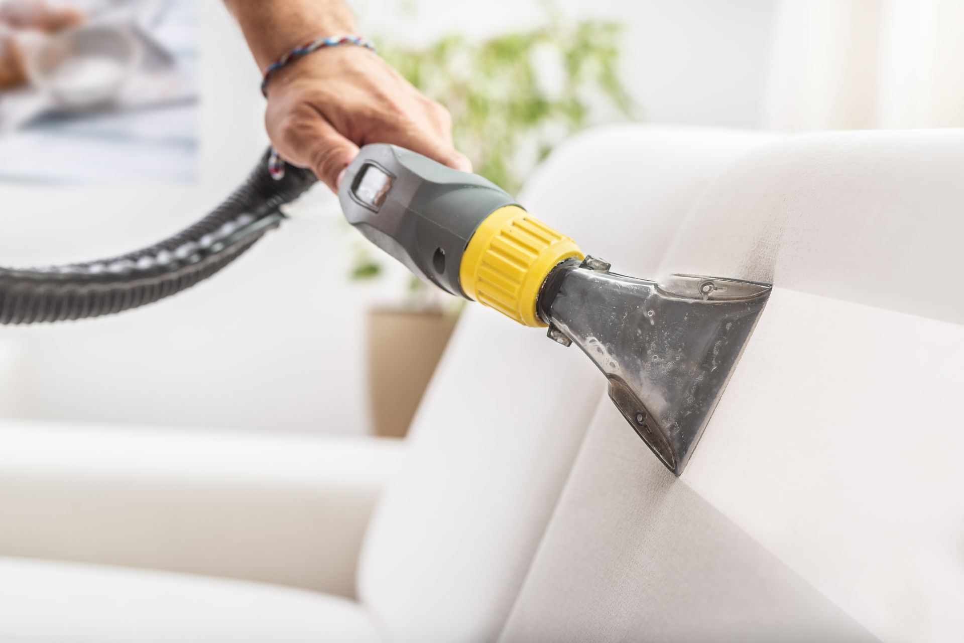 A person uses a handheld steam cleaner nozzle to clean a white upholstered sofa. A person uses a handheld steam cleaner nozzle to clean a white upholstered sofa.