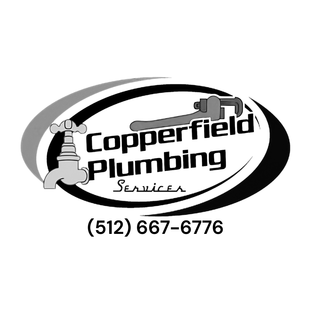 Copperfield Plumbing Services logo with black and gray text, pipe graphics, and phone number (512) 667-6776