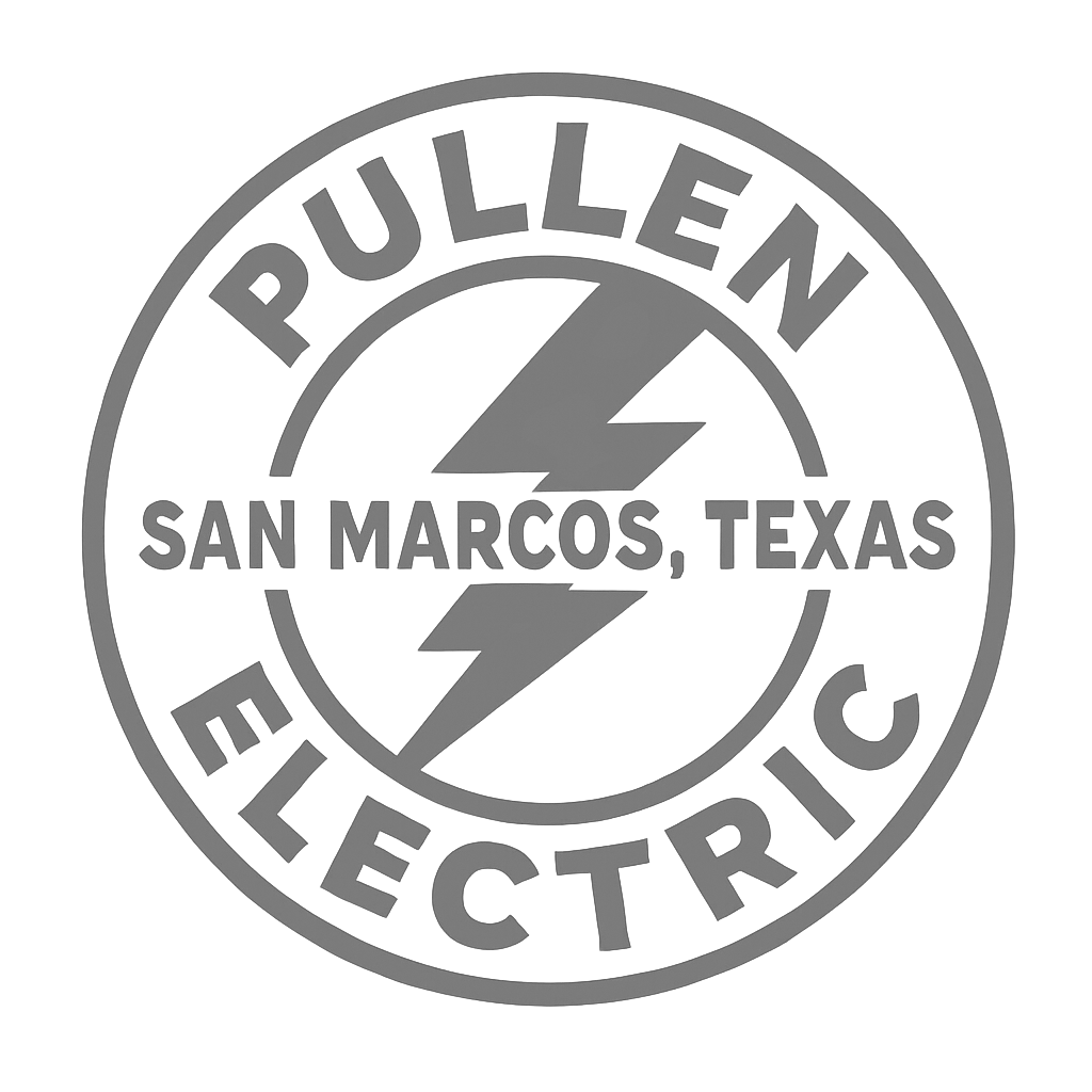 Pullen Electric logo with lightning bolt and “San Marcos, Texas” in gray circular design