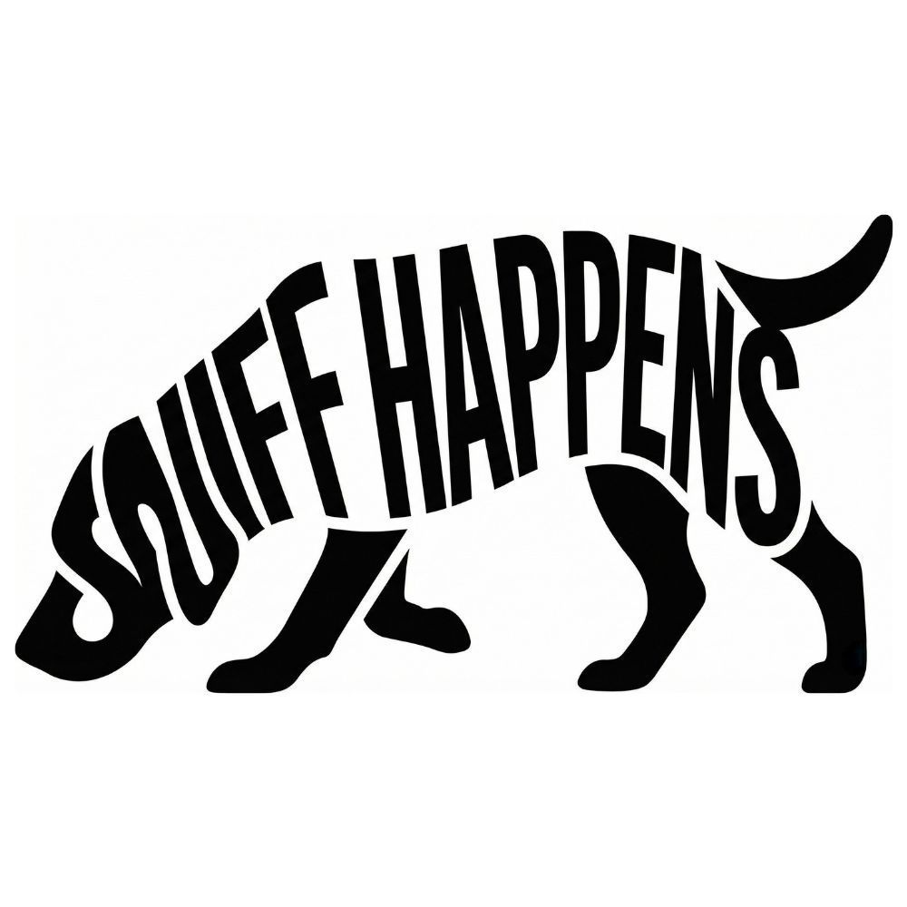 Black dog silhouette with “STUFF HAPPENS” text across its body.