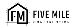Five Mile Construction logo with black house outline and bold text on white background