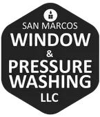 San Marcos Window & Pressure Washing LLC black-and-white logo with shield shape and window icon