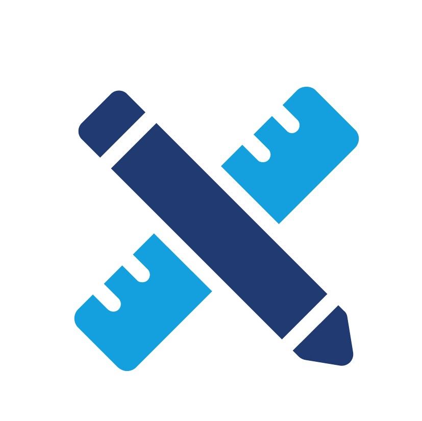 Blue pencil and ruler crossed, representing design or measurement.