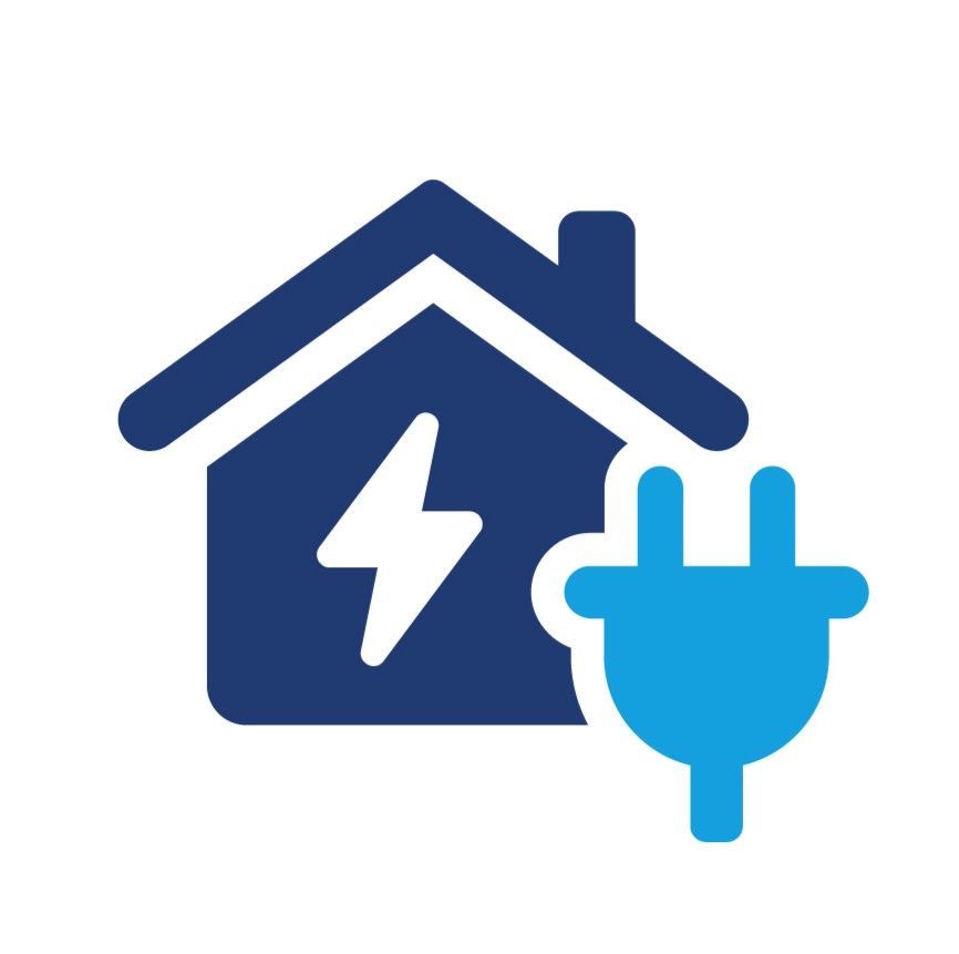 Blue house with lightning bolt and plug icon.