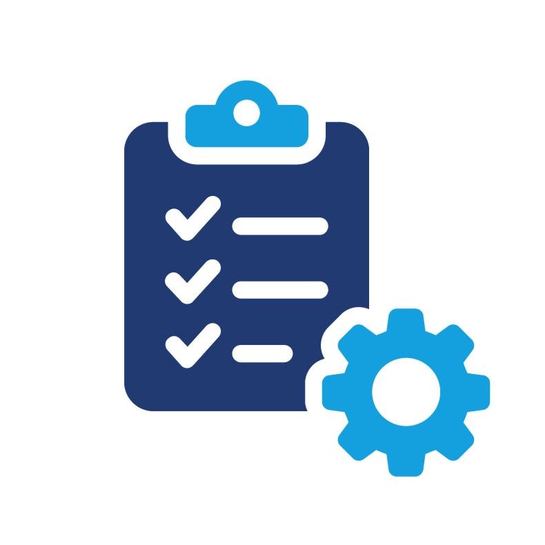 Clipboard with checkmarks and gear icon, indicating settings and task completion.