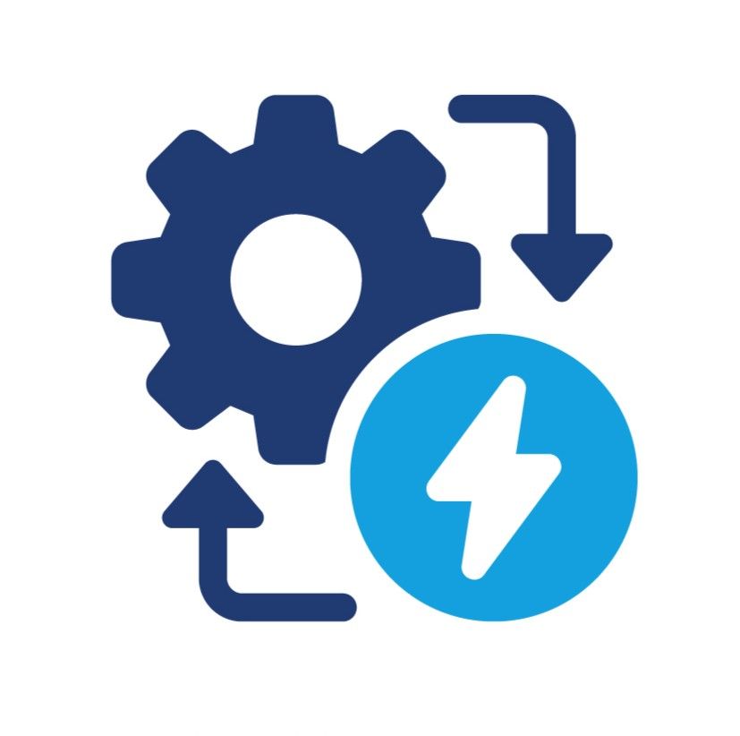 Gear and arrows with a lightning bolt symbol, representing power generation.