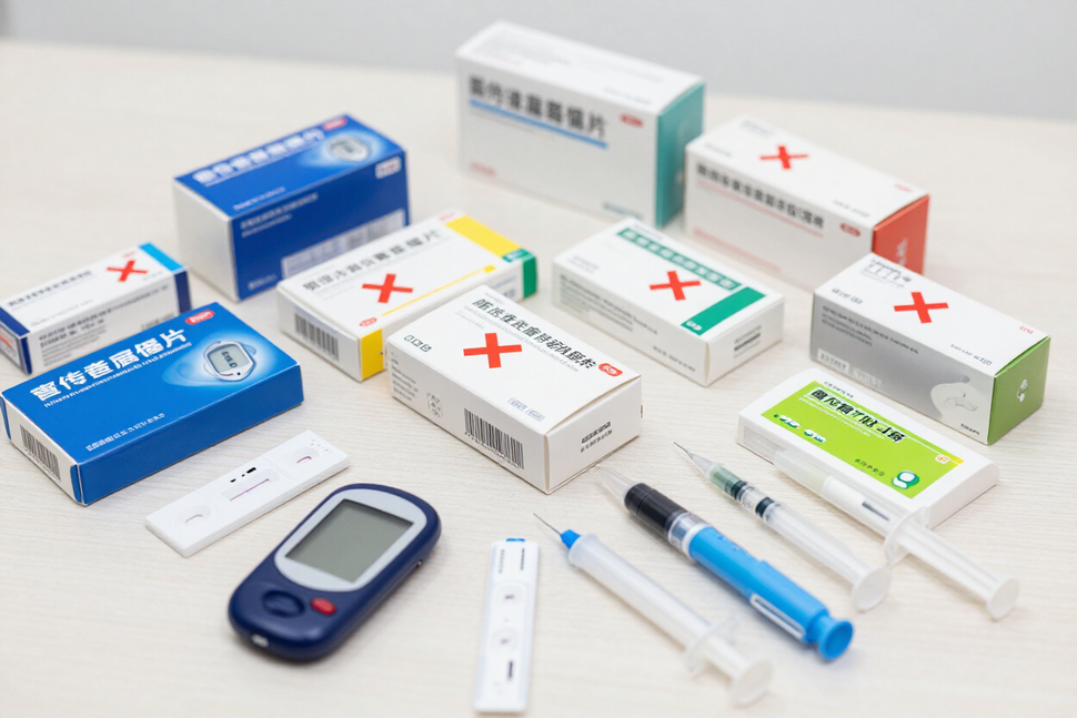 Ineligible medical supply items on a tabletop