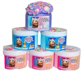 Stacked pastel cat-themed toy containers with colorful confetti lids arranged in a pyramid.