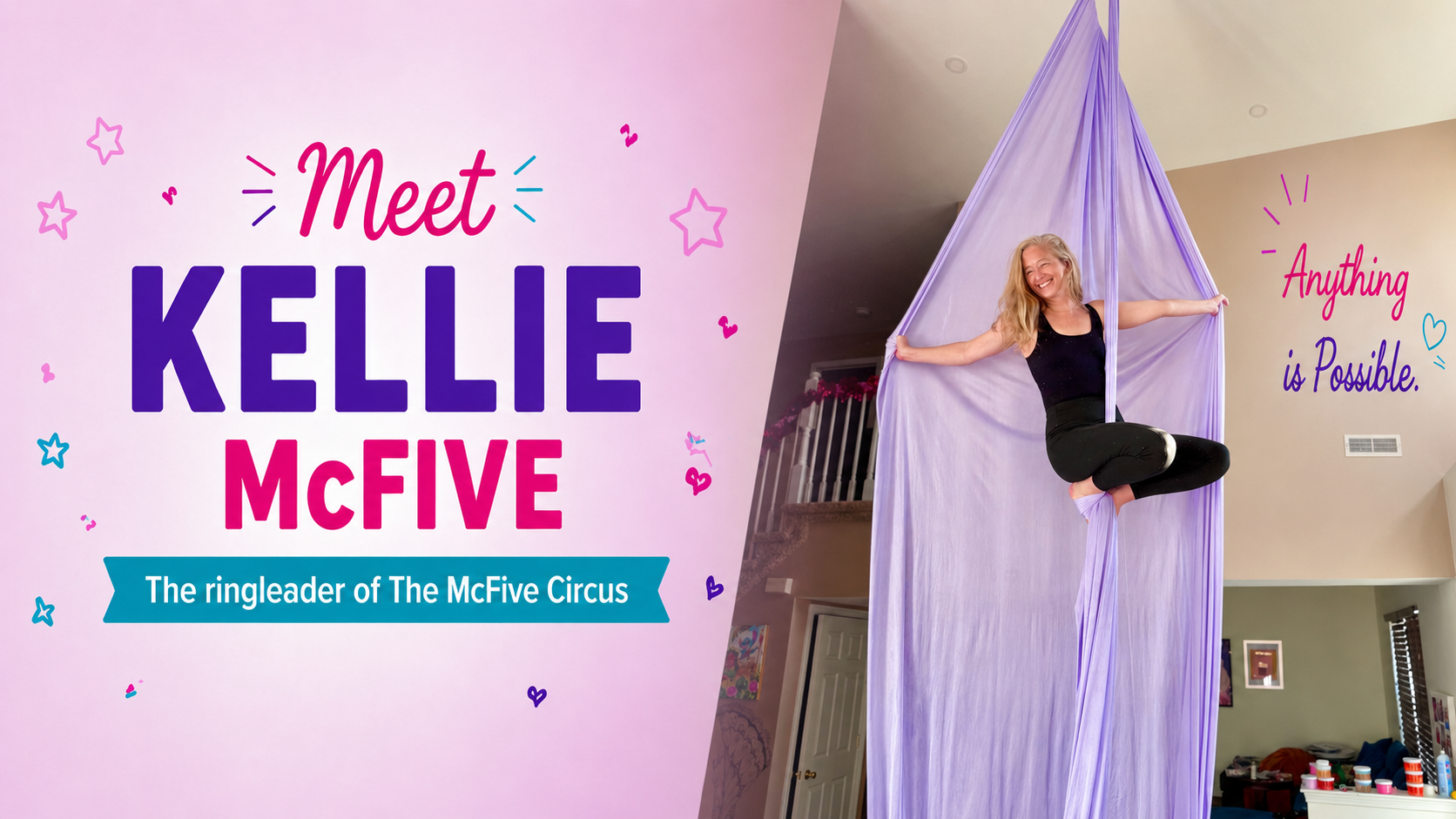Kellie McFive banner beside a person posed in a purple aerial sling indoors