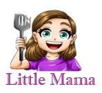 Cartoon girl holding a spatula with the text “Little Mama” underneath