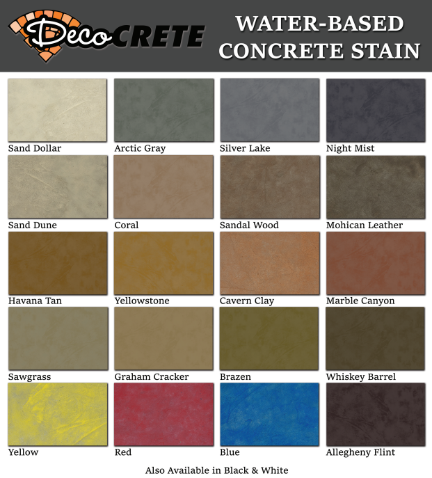 Color swatches of water-based concrete stains, including beige, gray, brown, and red tones. 